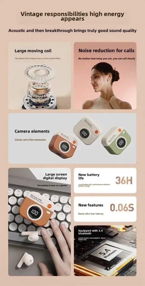 New Q86 TWS Wireless Earphone Bluetooth Headphones Sport Stereo  Bluetooth Earbuds for  iPhone  Retro Camera Style